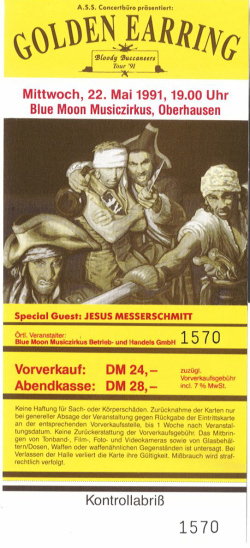 Golden Earring ticket#1570 May 22, 1991 Oberhausen (Germany) - Blue Moon Musiczirkus